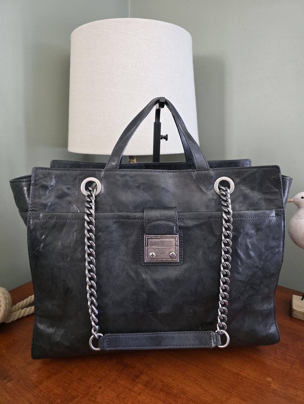 Frye Ella Convertible Tote Navy Blue Leather Work Bag
